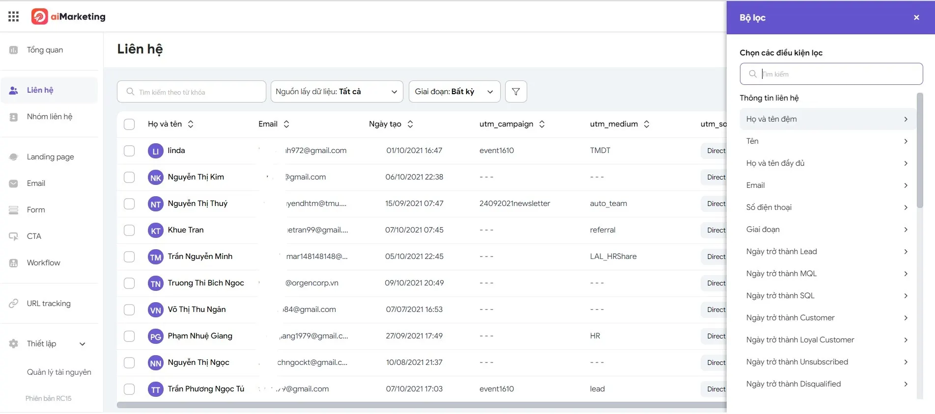 Tính năng lưu trữ, phân loại liên hệ khách hàng trên MISA AMIS aiMarketing