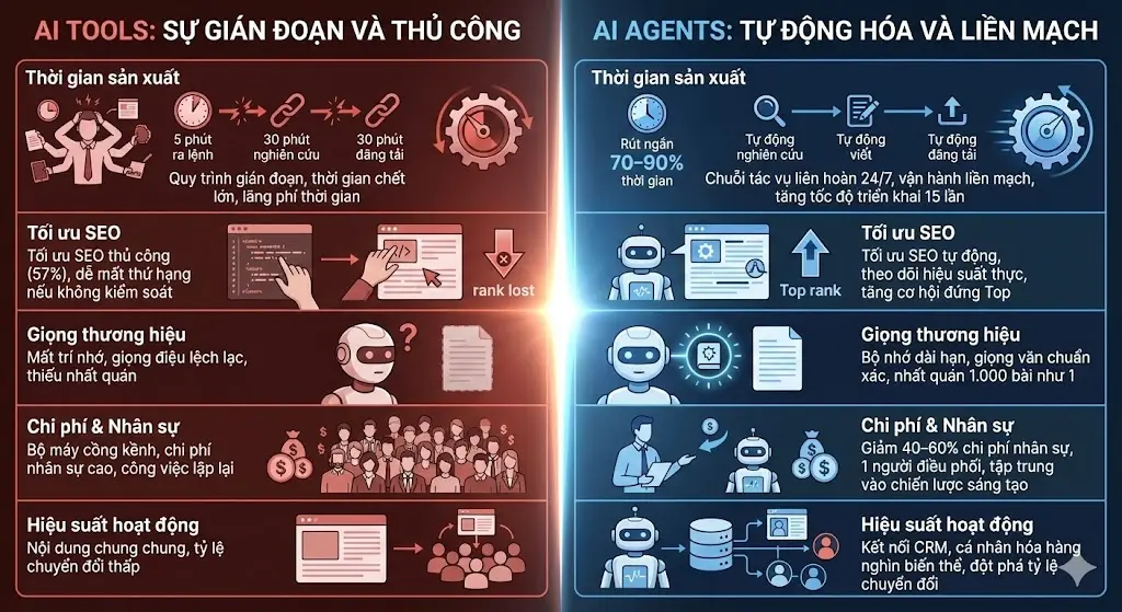 So sánh giữa AI Tools thông thường và AI Agents