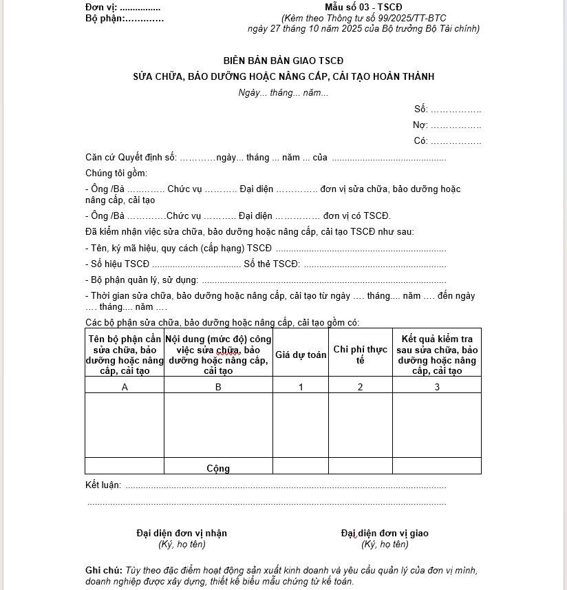 Mẫu 03-TSCĐ biên bản bàn giao tài sản cố định sửa chữa