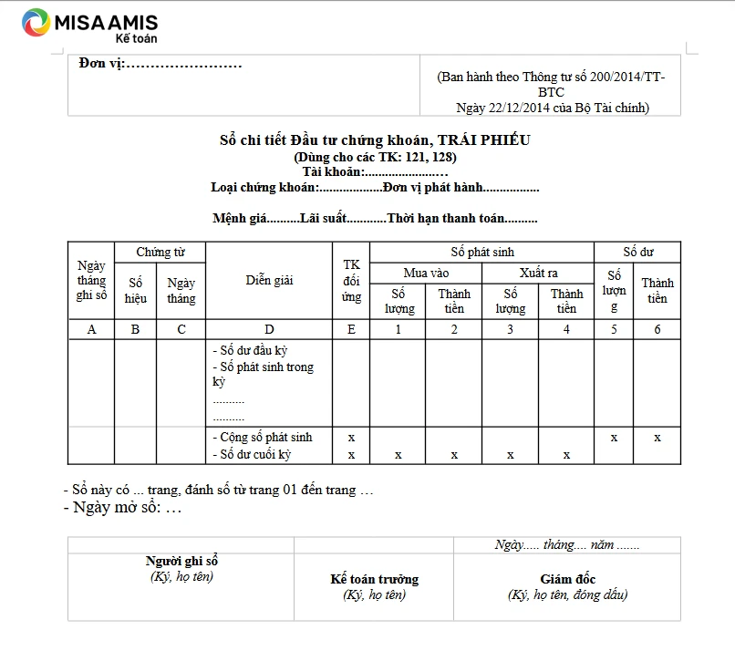 Mẩu sổ chi tiết đầu tư chứng khoán theo thông tư 200