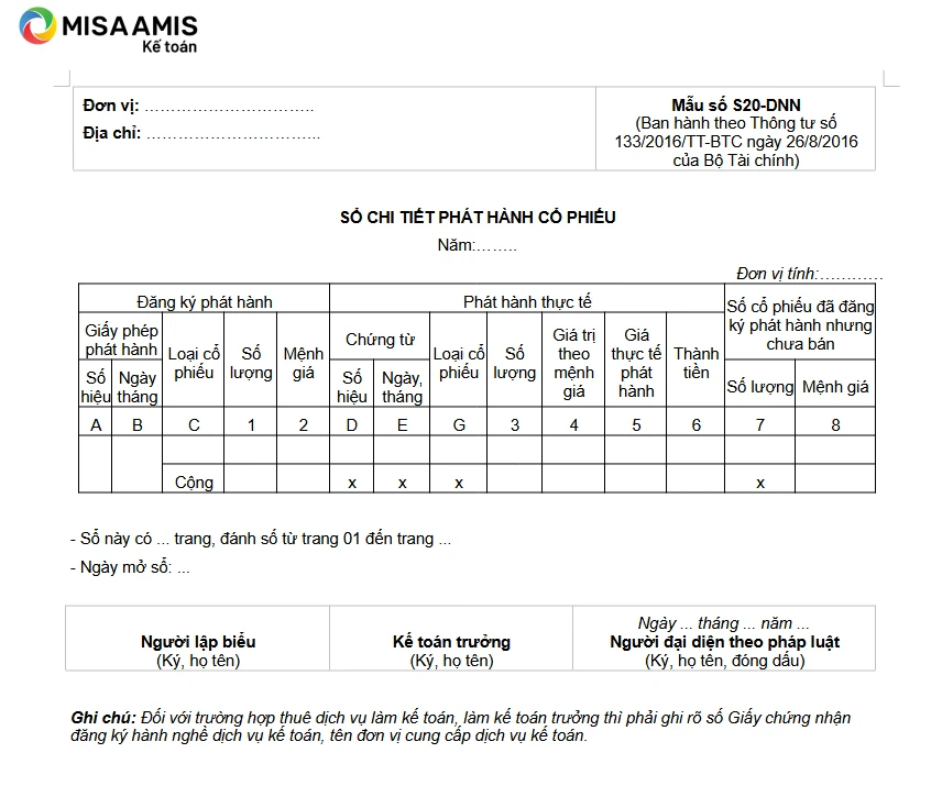Mẫu sổ chi tiết phát hành cổ phiếu theo thông tư 133