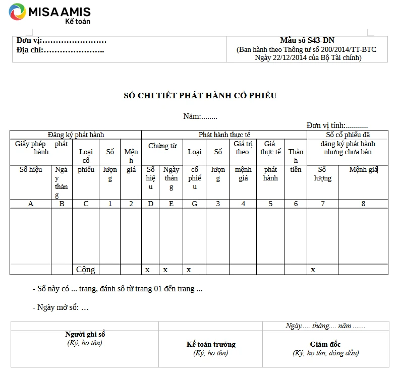 Mẫu sổ chi tiết phát hành cổ phiếu theo thông tư 200