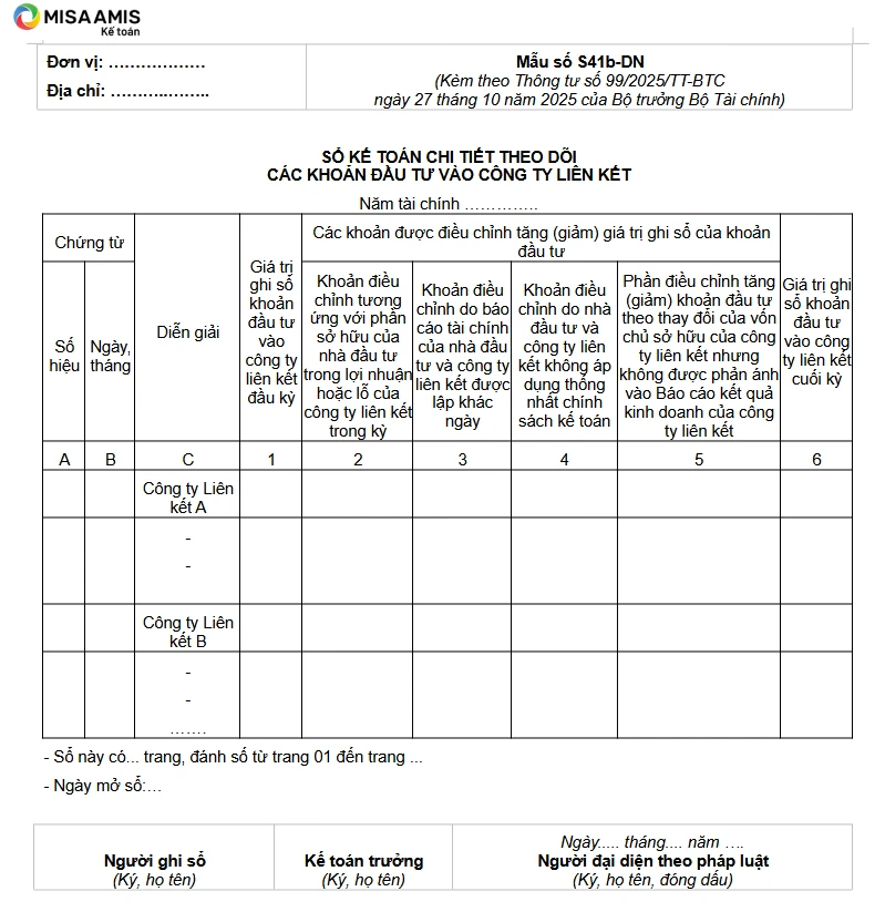 Mẫu sổ kế toán chi tiết theo dõi các khoản đầu tư vào công ty liên kết
