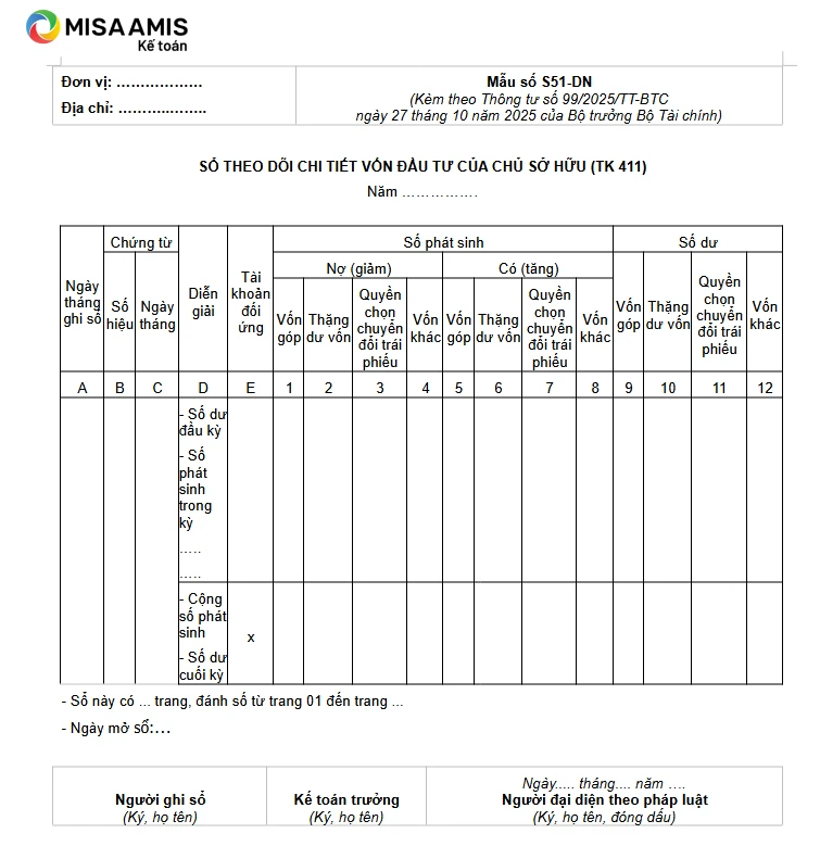 Mẩu sổ theo dõi chi tiết vốn đầu tư của chủ sở hữu