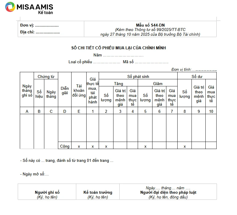 Sổ chi tiết cổ phiếu mua lại của chính mình