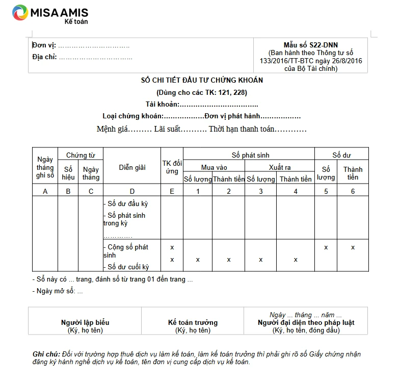 Sổ chi tiết đầu tư chứng khoán theo thông tư 133