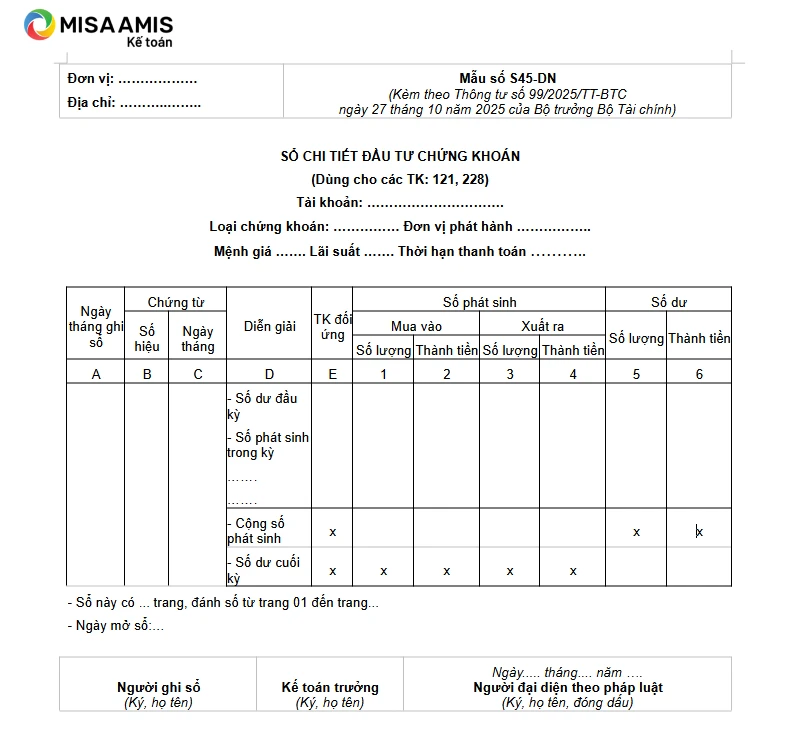 Sổ chi tiết đầu tư chứng khoán theo thông tư 99