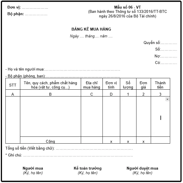Mẫu bảng kê mua hàng theo Thông tư 133