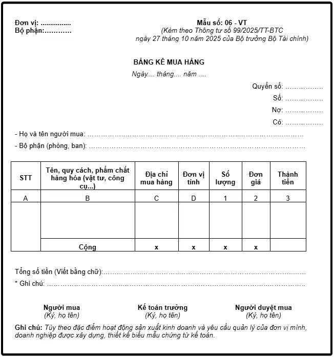 Mẫu bảng kê mua hàng theo thông tư 99