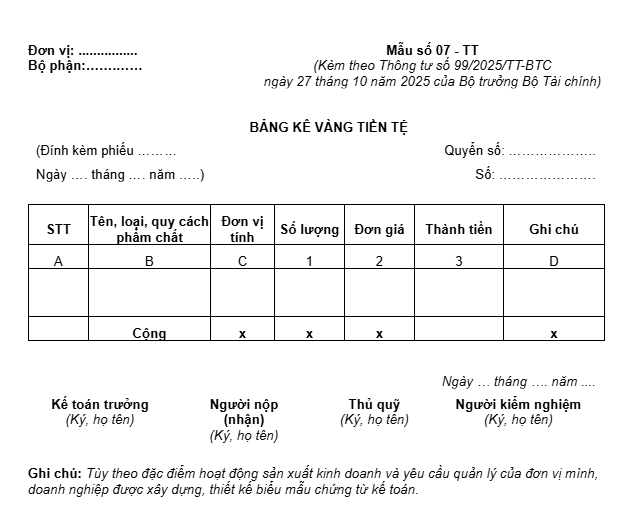 Bảng kê vàng tiền tệ theo thông tư 99 mẫu số 07-TT