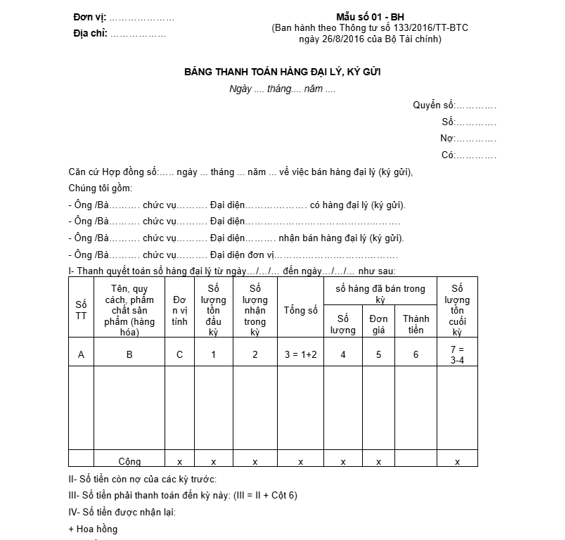 Mẫu bảng thanh toán hàng đại lý, ký gửi theo Thông tư 133