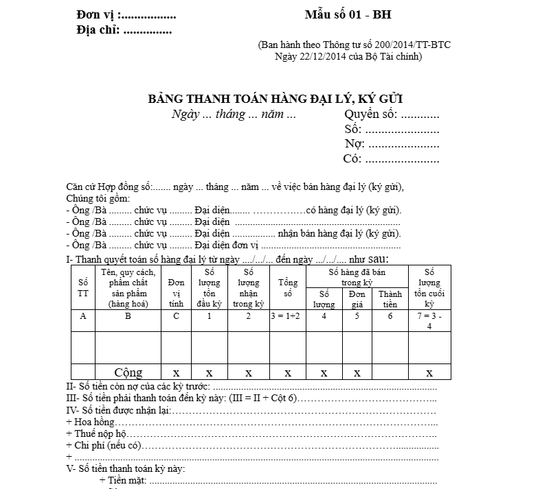 Mẫu bảng thanh toán hàng đại lý, ký gửi theo Thông tư 200