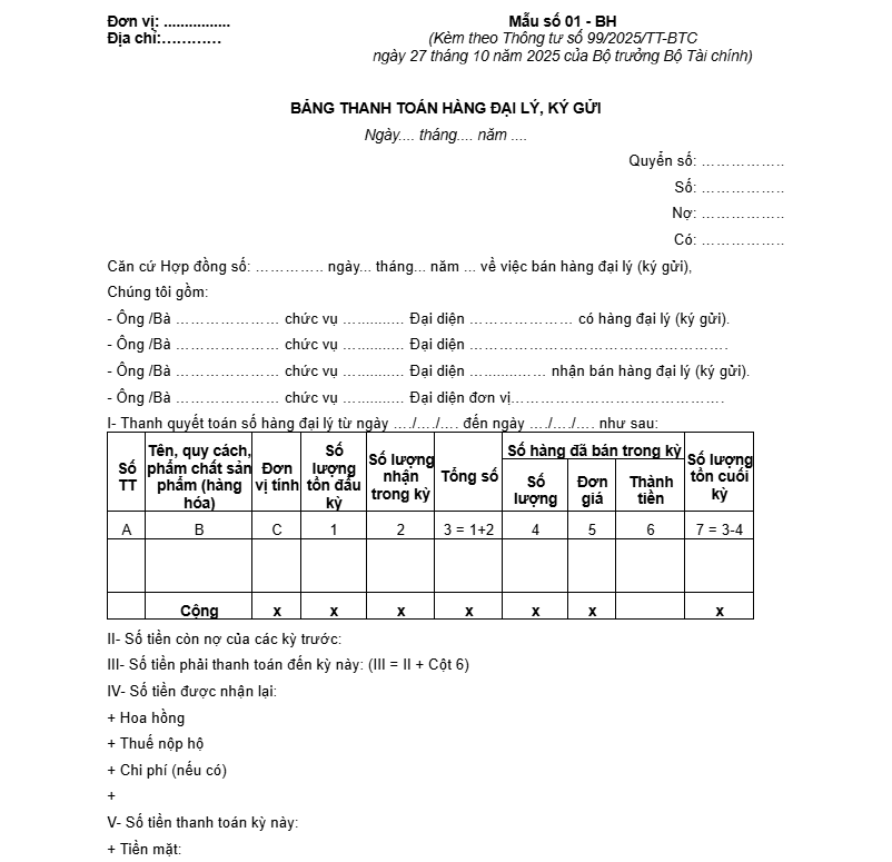 Mẫu bảng thanh toán hàng đại lý, ký gửi theo Thông tư 99