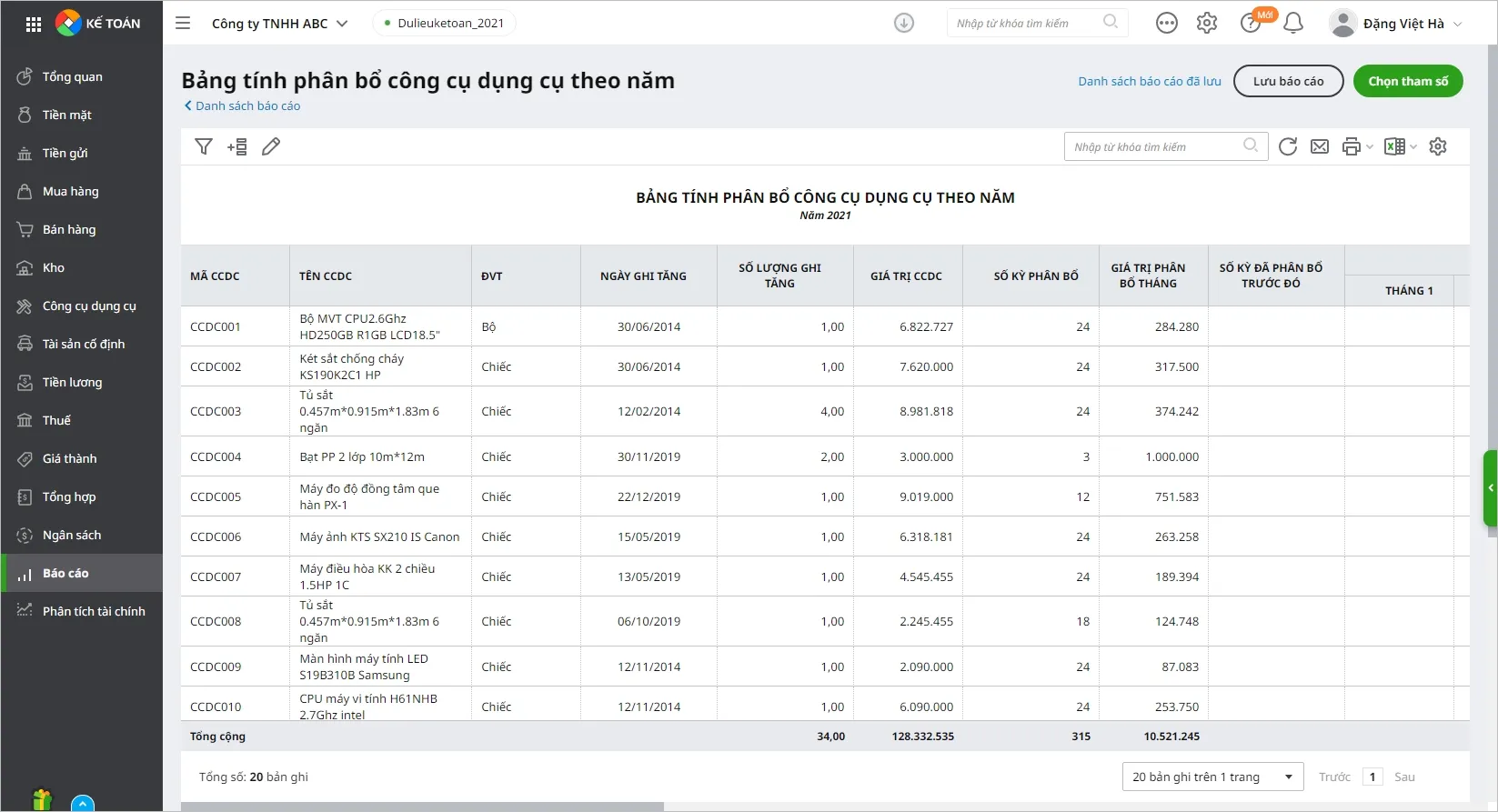 Demo bảng tính phân bổ công cụ dụng cụ theo năm