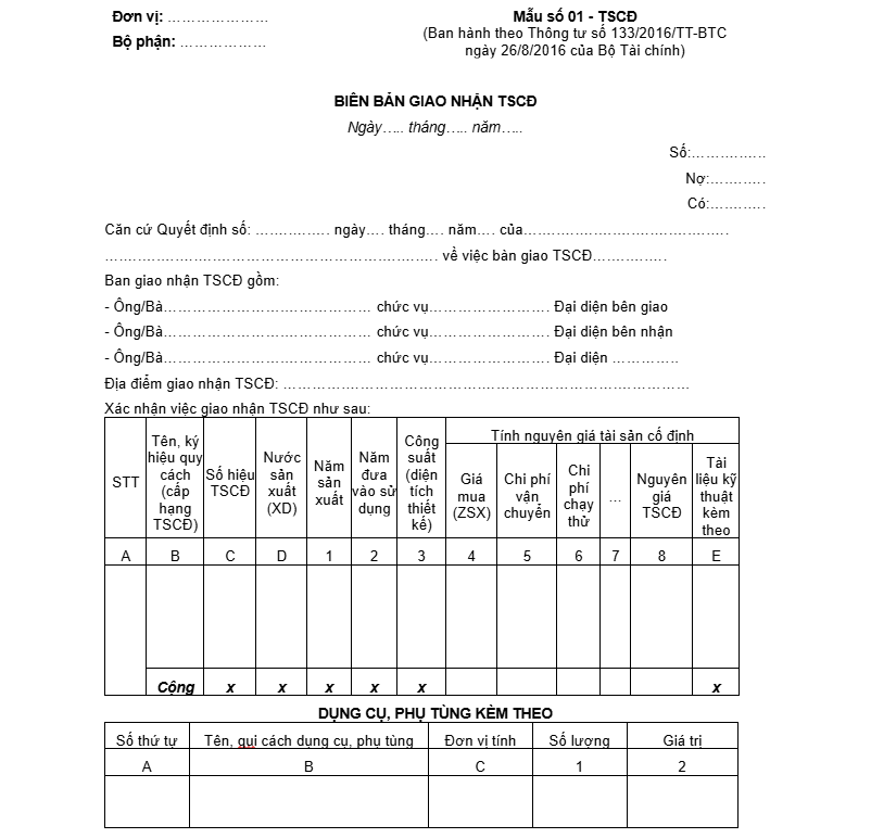 Mẫu biên bản giao nhận tài sản cố định theo Thông tư 133