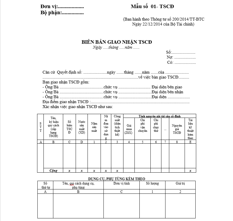 Mẫu biên bản giao nhận TSCĐ theo Thông tư 200