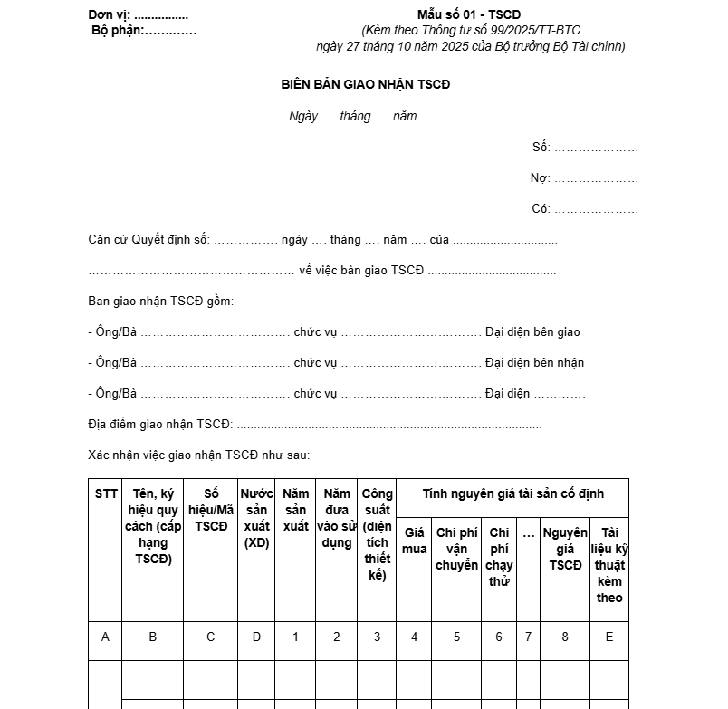 Mẫu biên bản giao nhận tài sản cố định theo thông tư 99