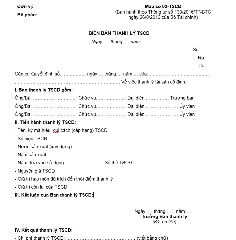 Biên bản thanh lý tài sản cố định theo Thông tư 133