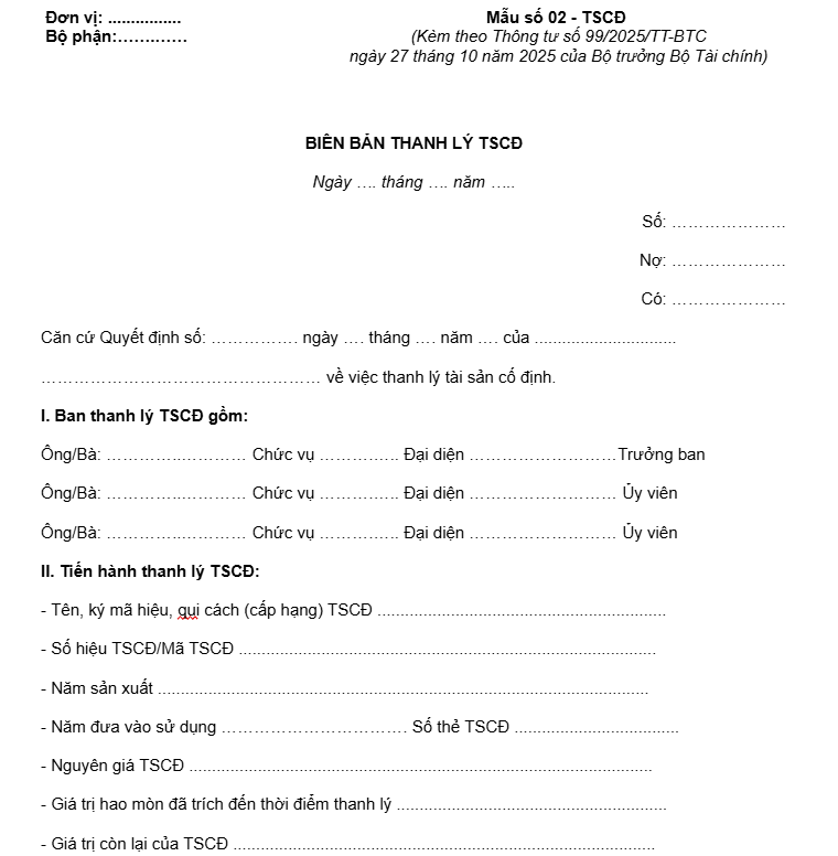 Mẫu biên bản thanh lý tài sản cố định theo Thông tư 99