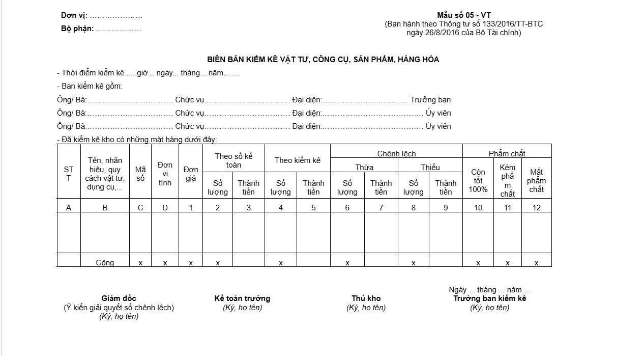 Mẫu biên bản kiểm kê vật tư, công cụ, sản phẩm hàng hóa theo (05-VT) theo Thông tư 133