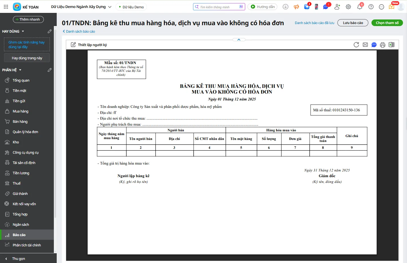 Demo tính năng lập bảng kê thu mua hàng hóa dịch vụ mua vào không có hóa đơn trên amis kế toán