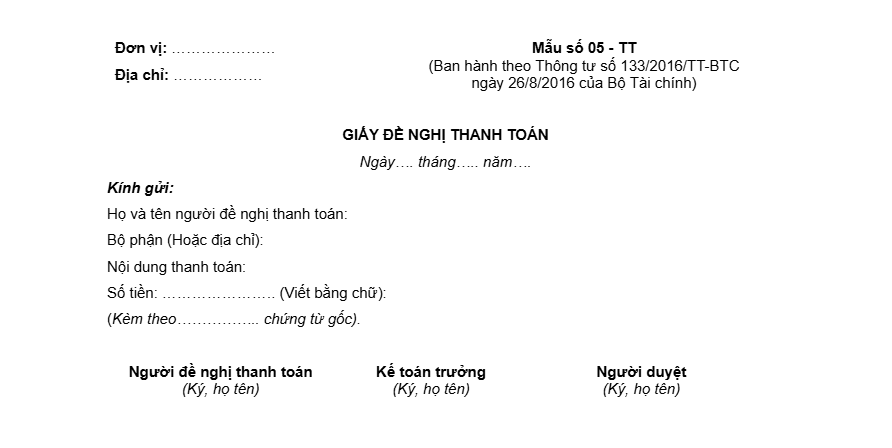 Mẫu giấy đề nghị thanh toán theo Thông tư 133