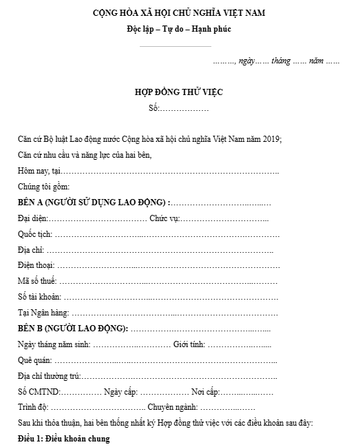 hợp đồng thử việc có nội dung thử việc