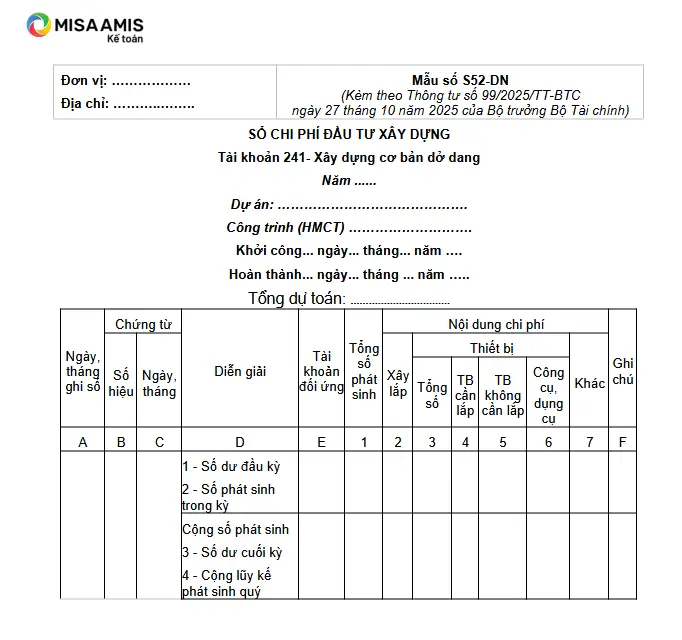 mẫu sổ chi phí đầu tư xây dựng