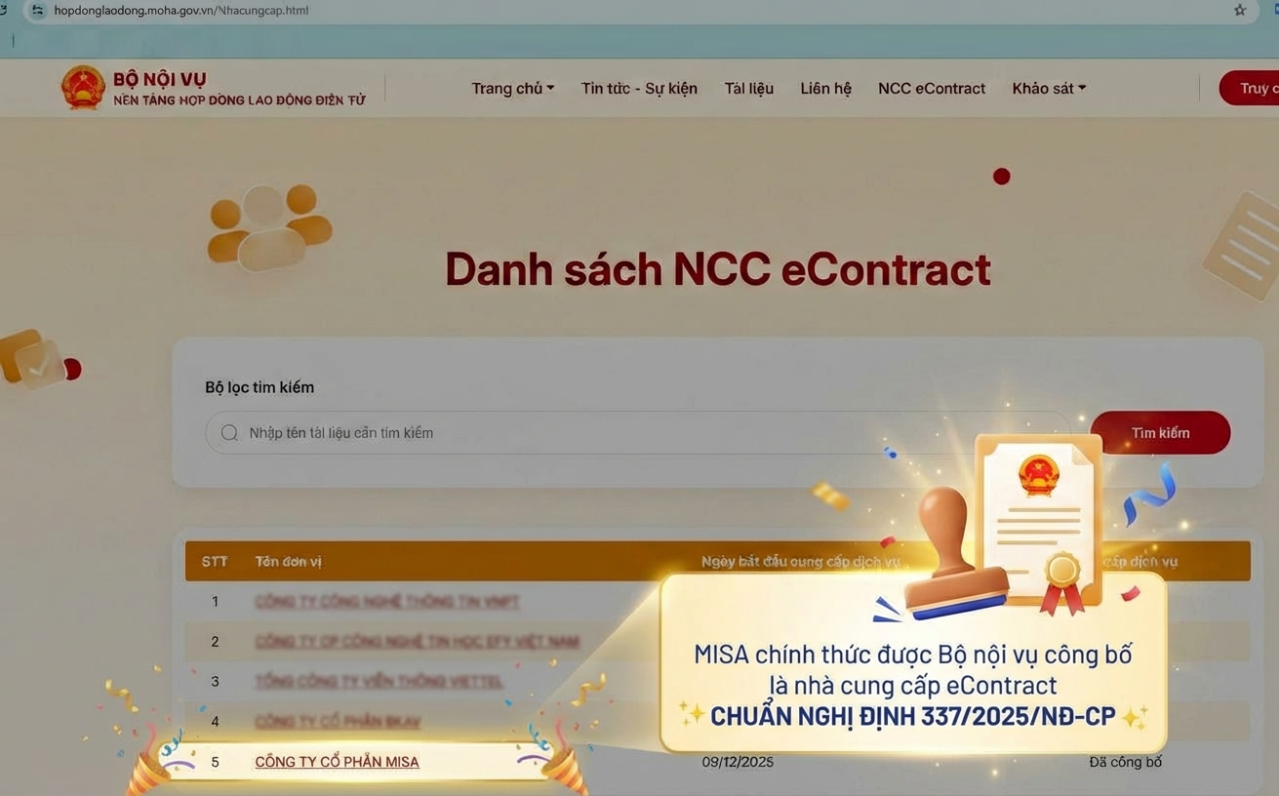 MISA được Bộ Nội vụ xác thực là nhà cung cấp eContract Chuẩn NĐ 337/2025/NĐ-CP