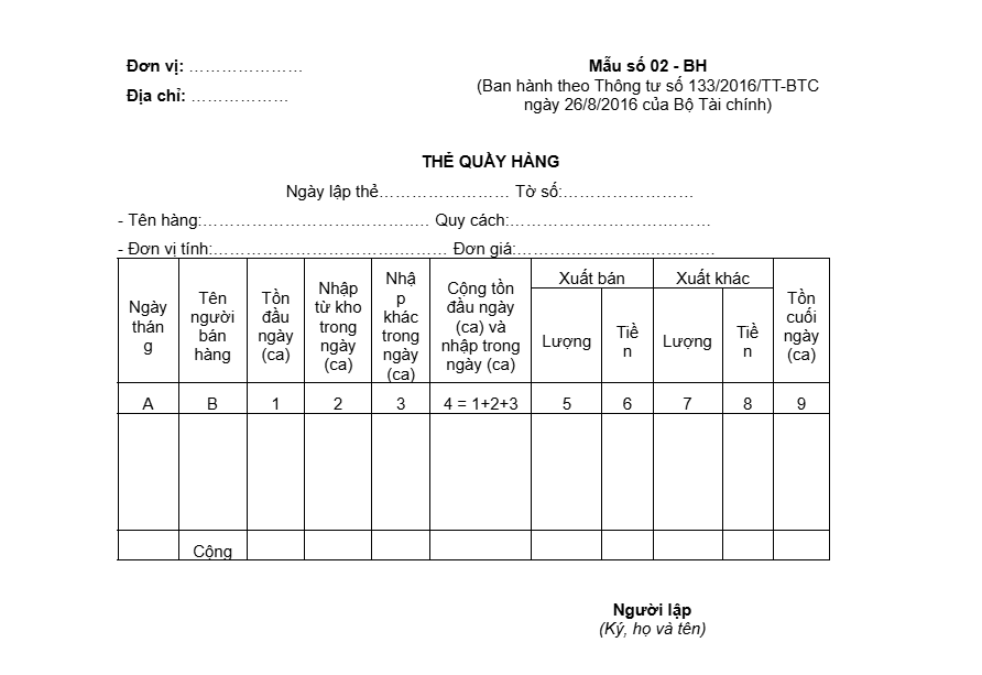 Mẫu Thẻ quầy hàng theo Thông tư 133