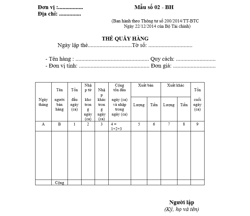 Mẫu Thẻ quầy hàng theo Thông tư 200