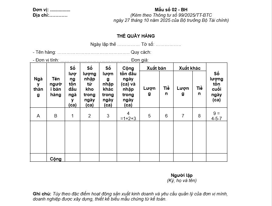 Mẫu Thẻ quầy hàng theo Thông tư 99/2025/TT-BTC
