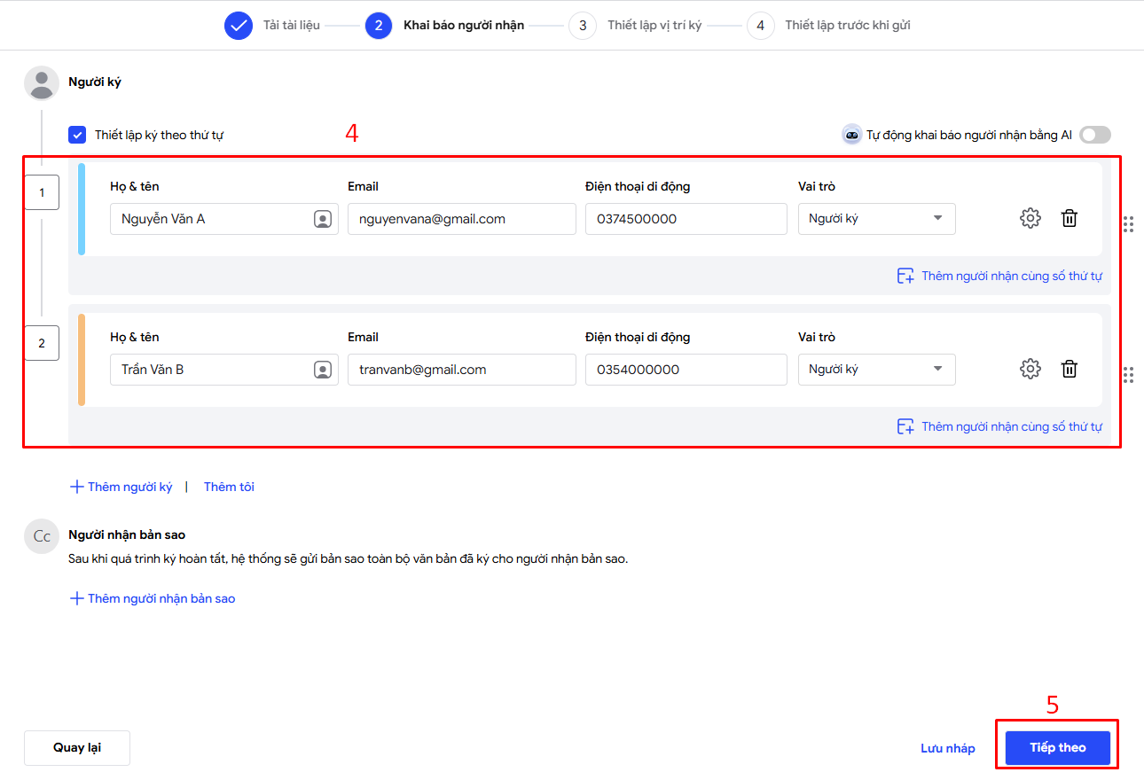 Điền thông tin người ký và thiết lập thứ tự ký hợp đồng lao động điện tử