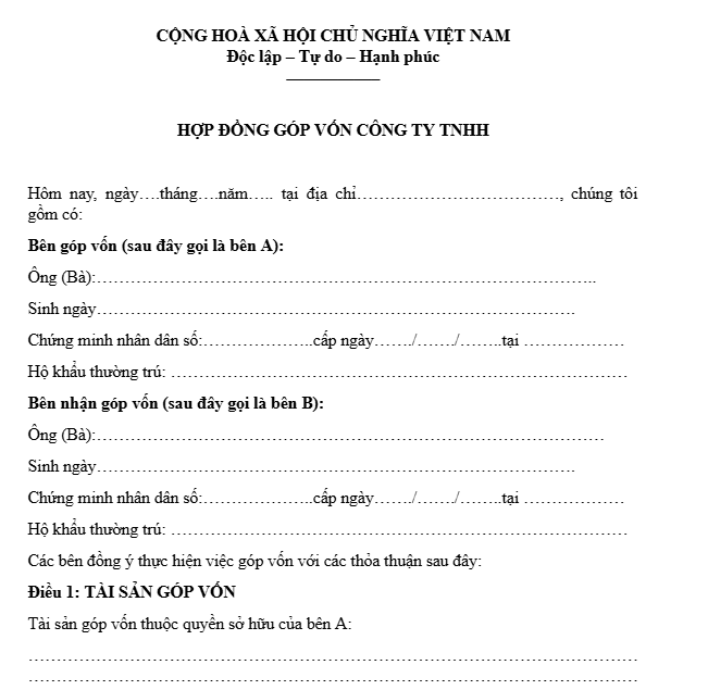 hợp đồng góp vốn công ty TNHH