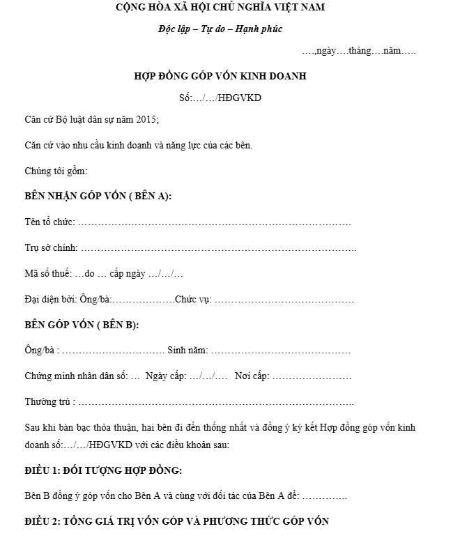 hợp đồng góp vốn kinh doanh 2 cá nhân