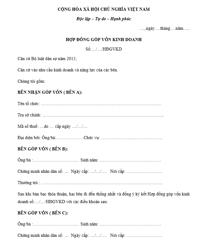 mẫu hợp đồng góp vốn 3 bên