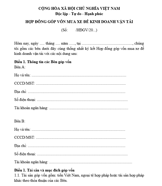 hợp đồng góp vốn mua xe kinh doanh vận tải