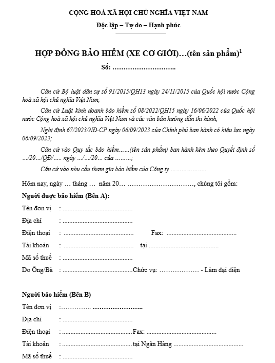 hợp đồng bảo hiểm xe