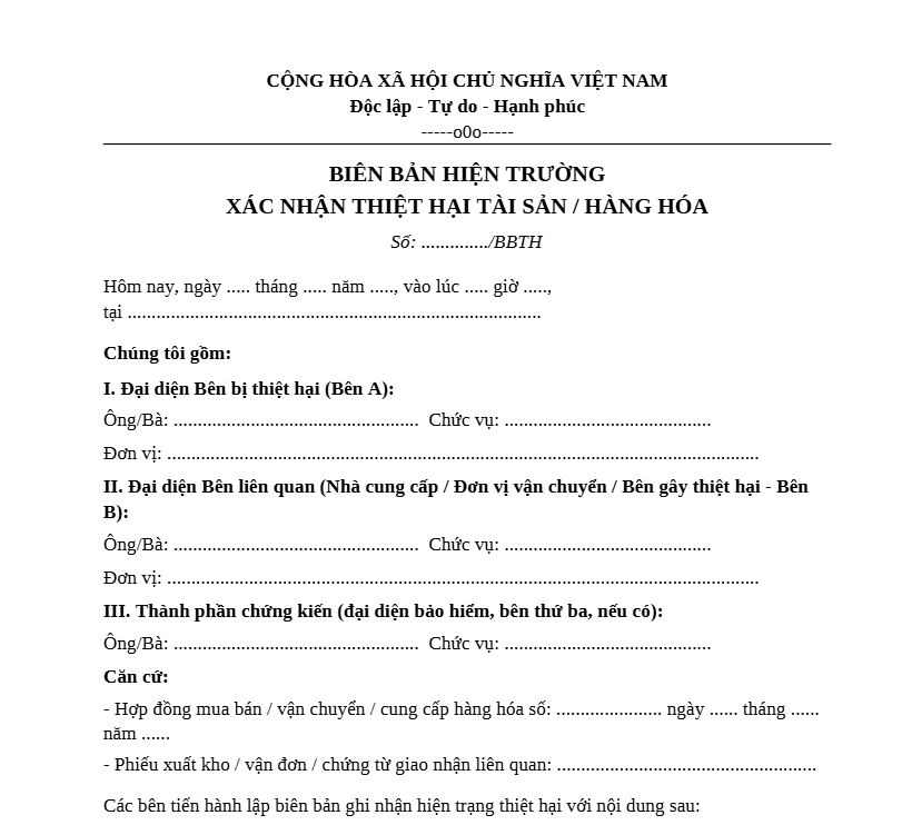 Biên bản hiện trường xác nhận thiệt hại tài sản/hàng hóa