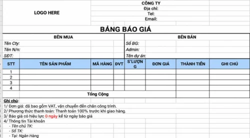 Mẫu bảng báo giá Excel