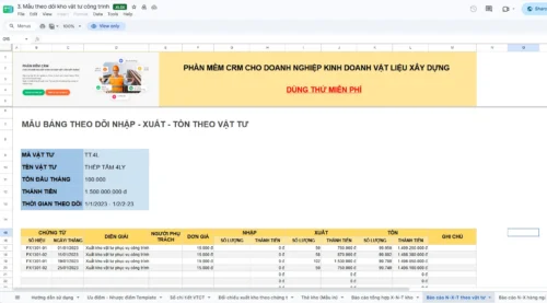 Mẫu bảng theo dõi xuất nhập tổn theo vật tư
