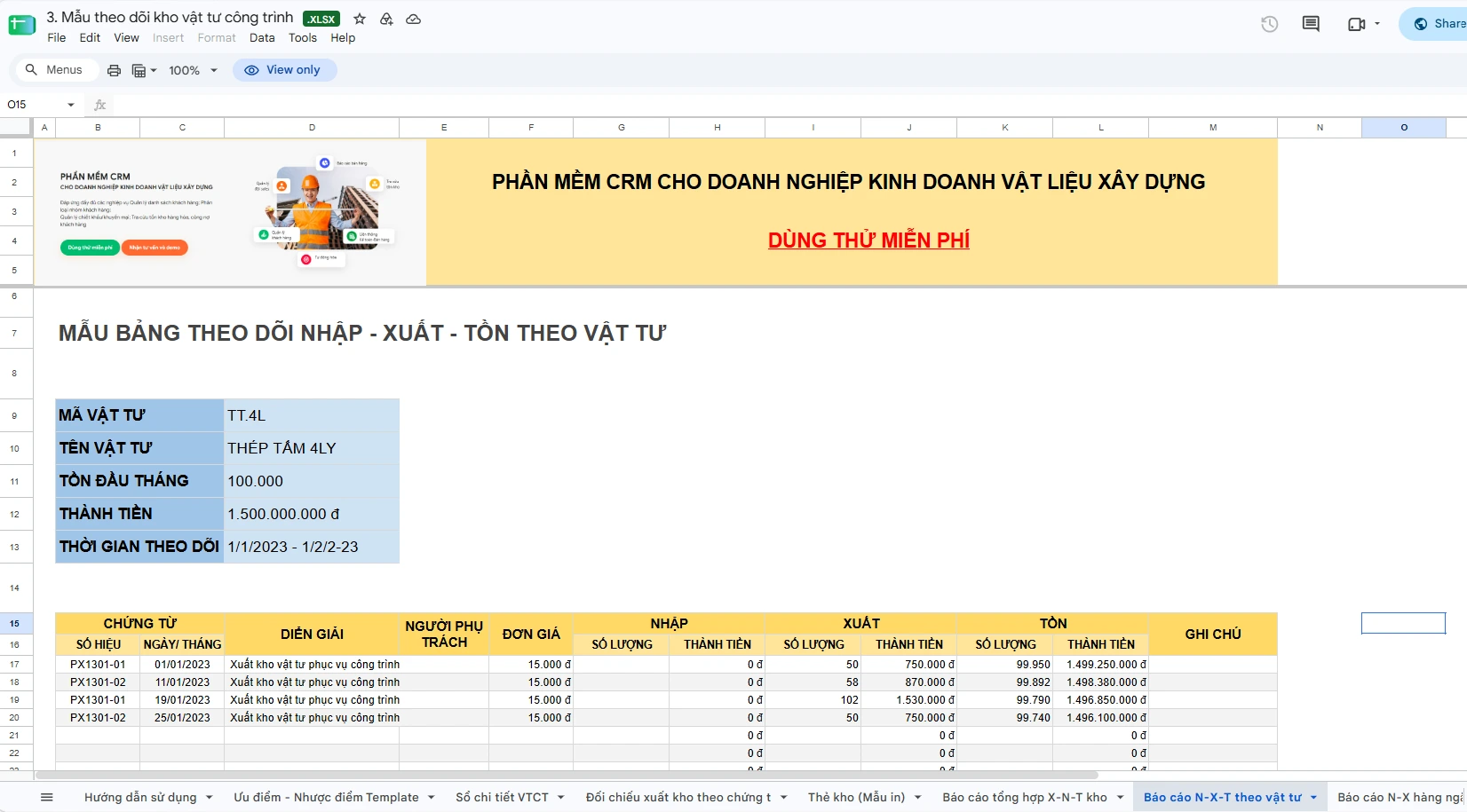 Mẫu bảng theo dõi xuất nhập tổn theo vật tư