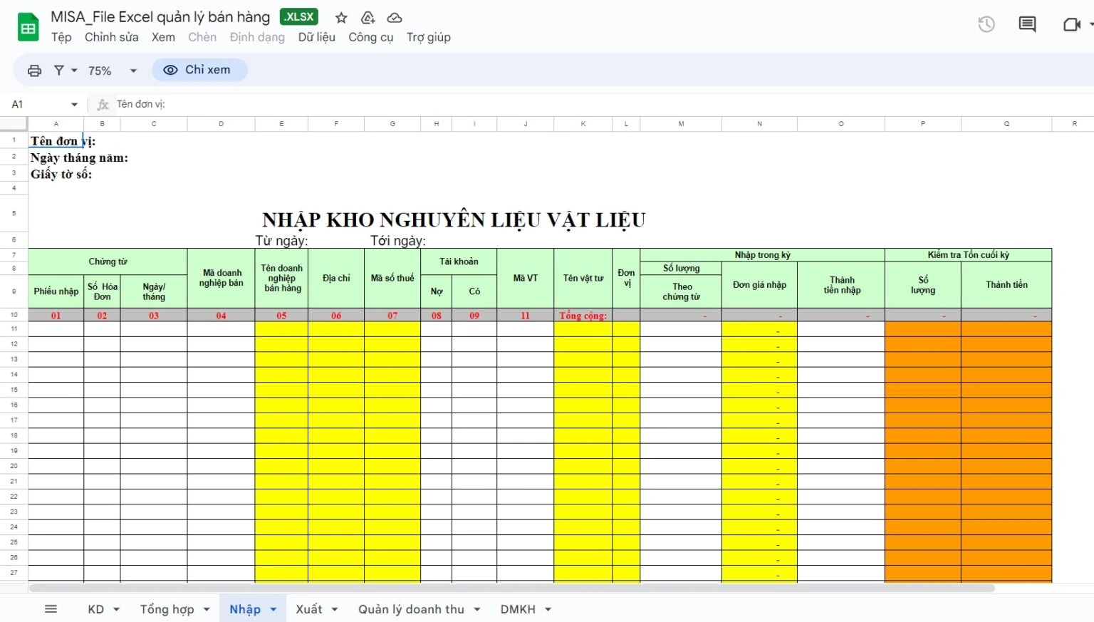 Mẫu nhập kho nguyên liệu vật liệu