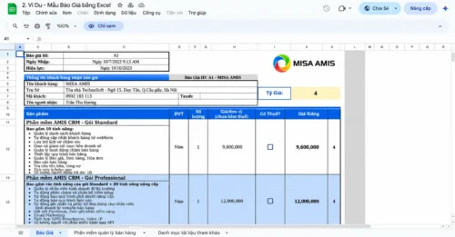 Biểu mẫu báo giá bằng Excel bản tiếng Việt