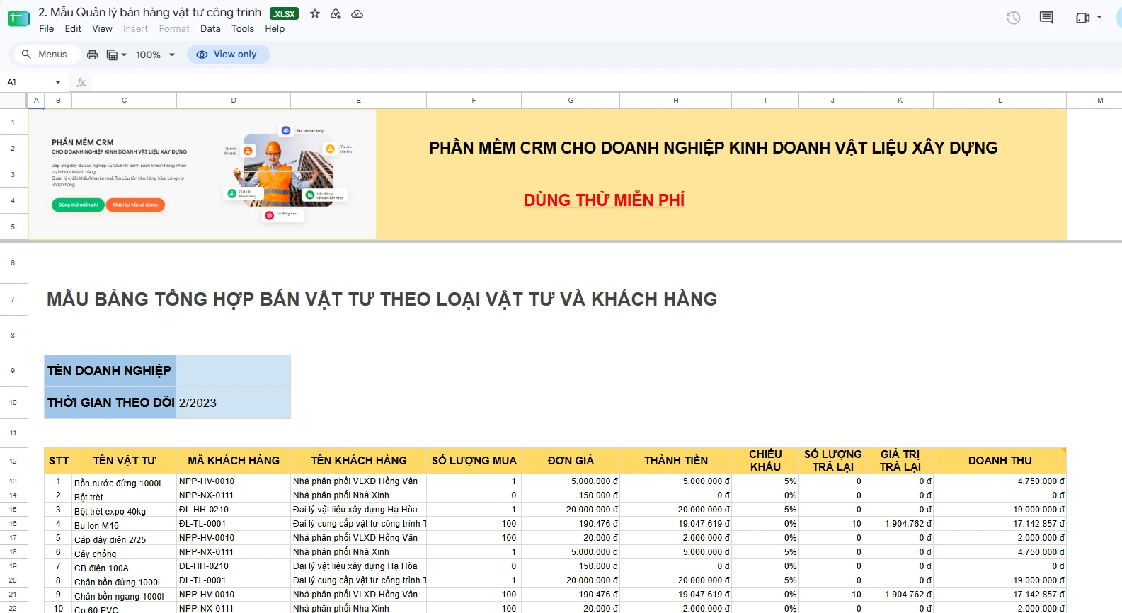 File excel theo dõi vật tư công trình theo loại vật tư và khách hàng