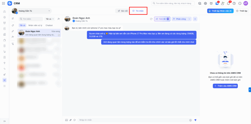 AMIS CRM kết nối zalo cá nhân